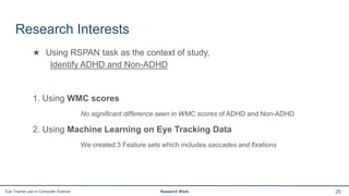 Research Interests
★ Using RSPAN task as the context of study,
Identify ADHD and Non-ADHD
1. Using WMC scores
No significant difference seen in WMC scores of ADHD and Non-ADHD
2. Using Machine Learning on Eye Tracking Data
We created 3 Feature sets which includes saccades and fixations
25Eye Tracker use in Computer Science Research Work
 