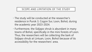 SCOPE AND LIMITATION OF THE STUDY
• The study will be conducted at the researcher's
residence in Purok 3, Cogon Sur, Loon, Bohol, during
the academic year 2023-2024.
• Furthermore, the Sidjapo shrub is abundant in many
towns of Bohol, specifically in the mini forests of Loon.
Thus, the researchers will be collecting the bark of
Sidjapo shrub at Lintuan, Loon, Bohol because of its
accessibility for the researchers’ area.
 