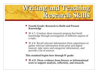 Writing and Teaching
      Research Skills
    Fourth Grade: Research to Build and Present
     Knowledge
    W.4.7. Con...