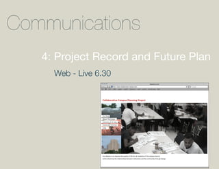 Communications
   4: Project Record and Future Plan
     Web - Live 6.30
 