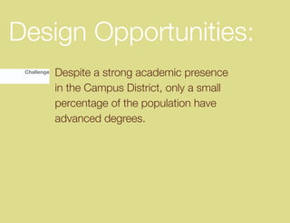 Design Opportunities:
 Challenge   Despite a strong academic presence
             in the Campus District, only a small
             percentage of the population have
             advanced degrees.
 