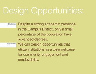 Design Opportunities:
 Challenge    Despite a strong academic presence
              in the Campus District, only a small
              percentage of the population have
              advanced degrees.
Opportunity
              We can design opportunities that
              utilize institutions as a clearinghouse
              for community engagement and
              employability.
 