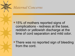 Maternal Concerns 15% of mothers reported signs of complications - redness at the base, reddish or yellowish discharge at the time of cord separation and mild odor.  There was no reported sign of bleeding from the cord. 