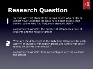 Research Question

1
    In what way that students (in certain cases) who hardly or
    almost never attended the class have better grades than
    some students who had frequently attended class?

    Measurement variable: the number of attendances time of
    students and the result of grades




2
    What are the differences of the daily time allocations for each
    activity of students with higher grades and others with lower
    grades do outside their studies?

    Measurement variable: time consuming on activities outside
    the classes
 