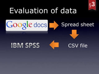 Evaluation of data
             Spread sheet



               CSV file
 