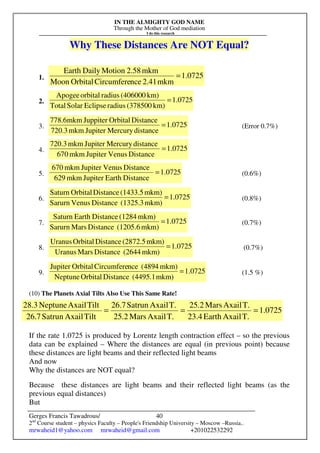 IN THE ALMIGHTY GOD NAME
Through the Mother of God mediation
I do this research
Gerges Francis Tawadrous/
2nd
Course student – physics Faculty – People's Friendship University – Moscow –Russia..
mrwaheid1@yahoo.com mrwaheid@gmail.com +201022532292
40
Why These Distances Are NOT Equal?
1. 0725.1
mkm2.41nceCircumfereOrbitalMoon
mkm2.58MotionDailyEarth
=
2. 1.0725
km)(378500radiusEclipseSolarTotal
km)(406000radiusorbitalApogee
=
3. 0725.1
distanceMercuryJupitermkm720.3
DistanceOrbitalJuppitermkm6.778
= (Error 0.7%)
4. 1.0725
DistanceVenusJupitermkm670
distanceMercuryJupitermkm720.3
=
5. 1.0725
DistanceEarthJupitermkm629
DistanceVenusJupitermkm670
= (0.6%)
6. 1.0725
mkm)(1325.3DistanceVenusSarurn
mkm)(1433.5DistanceOrbitalSaturn
= (0.8%)
7. 1.0725
mkm)(1205.6DistanceMarsSarurn
mkm)(1284DistanceEarthSaturn
= (0.7%)
8. 1.0725
mkm)(2644DistanceMarsUranus
mkm)(2872.5DistanceOrbitalUranus
= (0.7%)
9. 1.0725
mkm)(4495.1DistanceOrbitalNeptune
mkm)(4894nceCircumfereOrbitalJupiter
= (1.5 %)
(10) The Planets Axial Tilts Also Use This Same Rate!
If the rate 1.0725 is produced by Lorentz length contraction effect – so the previous
data can be explained – Where the distances are equal (in previous point) because
these distances are light beams and their reflected light beams
And now
Why the distances are NOT equal?
Because these distances are light beams and their reflected light beams (as the
previous equal distances)
But
0725.1
T.AxailEarth23.4
T.AxailMars25.2
T.AxailMars25.2
T.AxailSatrun26.7
TiltAxailSatrun26.7
TiltAxailNeptune28.3
===
 