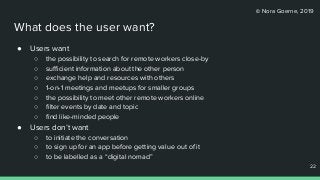 © Nora Goerne, 2019
What does the user want?
● Users want
○ the possibility to search for remote workers close-by
○ suﬃcient information about the other person
○ exchange help and resources with others
○ 1-on-1 meetings and meetups for smaller groups
○ the possibility to meet other remote workers online
○ ﬁlter events by date and topic
○ ﬁnd like-minded people
● Users don’t want
○ to initiate the conversation
○ to sign up for an app before getting value out of it
○ to be labelled as a “digital nomad”
22
22
 