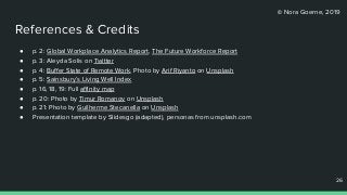 © Nora Goerne, 2019
References & Credits
● p. 2: Global Workplace Analytics Report, The Future Workforce Report
● p. 3: Aleyda Solis on Twitter
● p. 4: Buﬀer State of Remote Work, Photo by Arif Riyanto on Unsplash
● p. 5: Sainsbury’s Living Well Index
● p. 16, 18, 19: Full aﬃnity map
● p. 20: Photo by Timur Romanov on Unsplash
● p. 21: Photo by Guilherme Stecanella on Unsplash
● Presentation template by Slidesgo (adapted), personas from unsplash.com
26
26
 