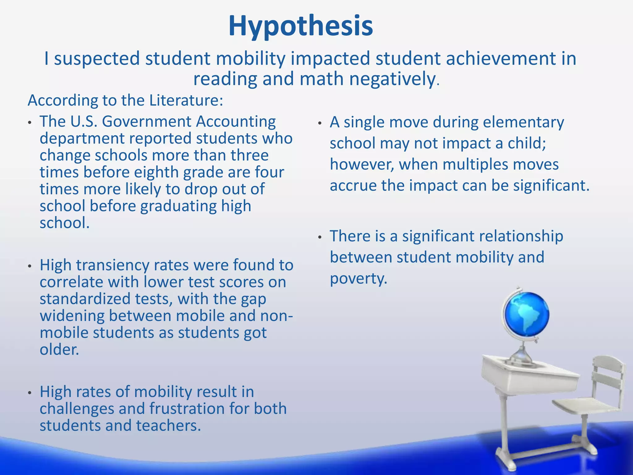 Hypothesis
I suspected student mobility impacted student achievement in
reading and math negatively.
According to the Literature:
• The U.S. Government Accounting
department reported students who
change schools more than three
times before eighth grade are four
times more likely to drop out of
school before graduating high
school.
•

High transiency rates were found to
correlate with lower test scores on
standardized tests, with the gap
widening between mobile and nonmobile students as students got
older.

•

High rates of mobility result in
challenges and frustration for both
students and teachers.

•

A single move during elementary
school may not impact a child;
however, when multiples moves
accrue the impact can be significant.

•

There is a significant relationship
between student mobility and
poverty.

 