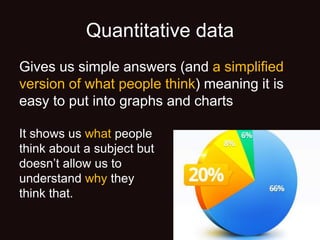 Quantitative data
Gives us simple answers (and a simplified
version of what people think) meaning it is
easy to put into graphs and charts
It shows us what people
think about a subject but
doesn’t allow us to
understand why they
think that.
 