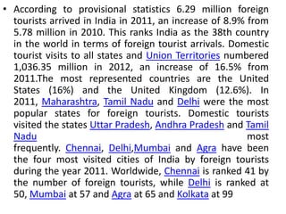 • According to provisional statistics 6.29 million foreign 
tourists arrived in India in 2011, an increase of 8.9% from 
5.78 million in 2010. This ranks India as the 38th country 
in the world in terms of foreign tourist arrivals. Domestic 
tourist visits to all states and Union Territories numbered 
1,036.35 million in 2012, an increase of 16.5% from 
2011.The most represented countries are the United 
States (16%) and the United Kingdom (12.6%). In 
2011, Maharashtra, Tamil Nadu and Delhi were the most 
popular states for foreign tourists. Domestic tourists 
visited the states Uttar Pradesh, Andhra Pradesh and Tamil 
Nadu most 
frequently. Chennai, Delhi,Mumbai and Agra have been 
the four most visited cities of India by foreign tourists 
during the year 2011. Worldwide, Chennai is ranked 41 by 
the number of foreign tourists, while Delhi is ranked at 
50, Mumbai at 57 and Agra at 65 and Kolkata at 99 
 