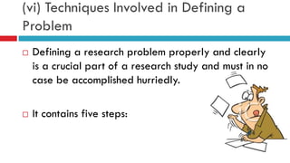 (vi) Techniques Involved in Defining a
Problem
 Defining a research problem properly and clearly
is a crucial part of a research study and must in no
case be accomplished hurriedly.
 It contains five steps:
 