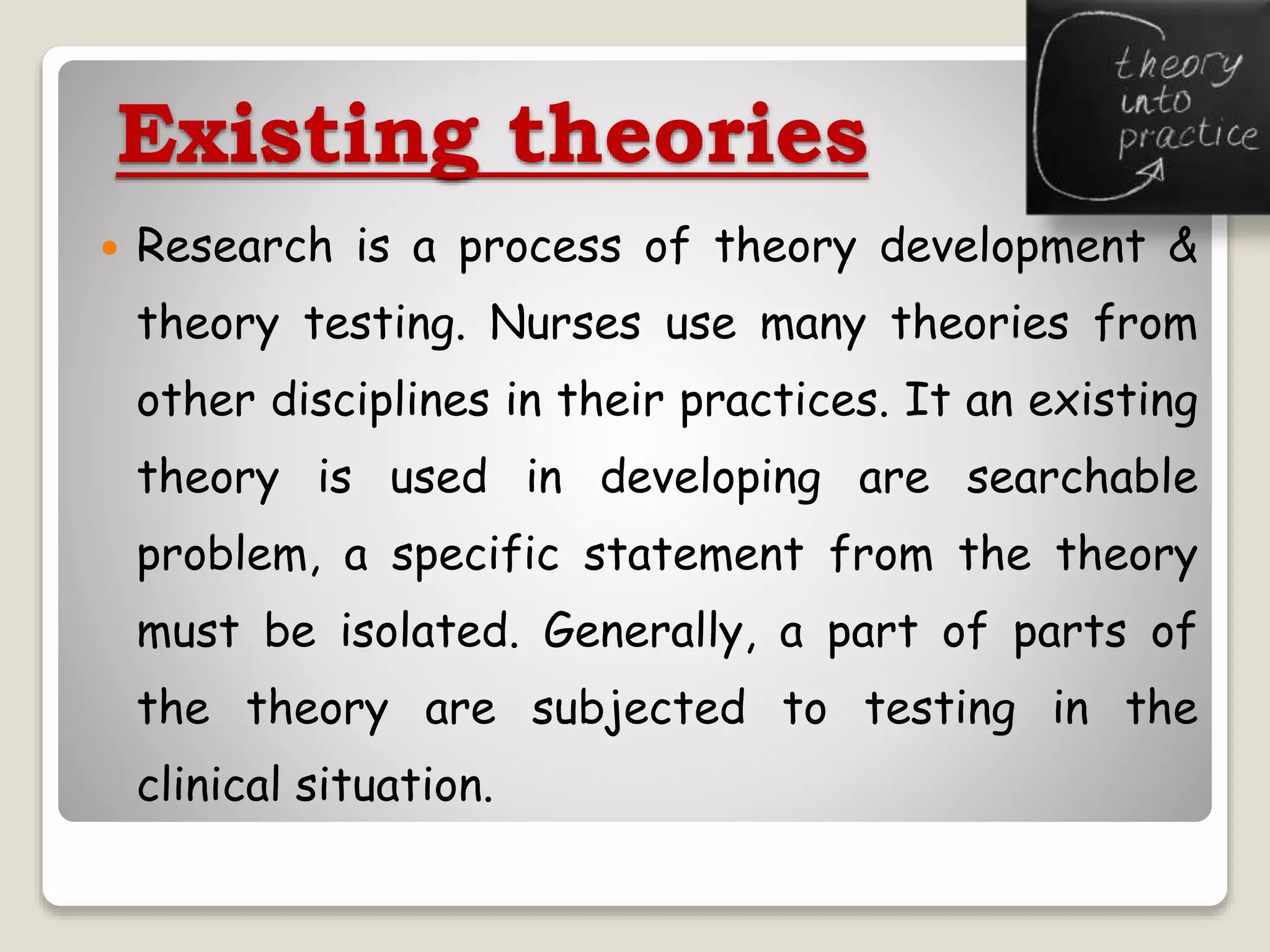 Existing theories
 Research is a process of theory development &
theory testing. Nurses use many theories from
other disciplines in their practices. It an existing
theory is used in developing are searchable
problem, a specific statement from the theory
must be isolated. Generally, a part of parts of
the theory are subjected to testing in the
clinical situation.
 