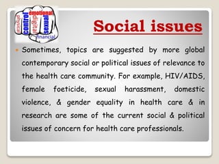Social issues
 Sometimes, topics are suggested by more global
contemporary social or political issues of relevance to
the health care community. For example, HIV/AIDS,
female foeticide, sexual harassment, domestic
violence, & gender equality in health care & in
research are some of the current social & political
issues of concern for health care professionals.
 