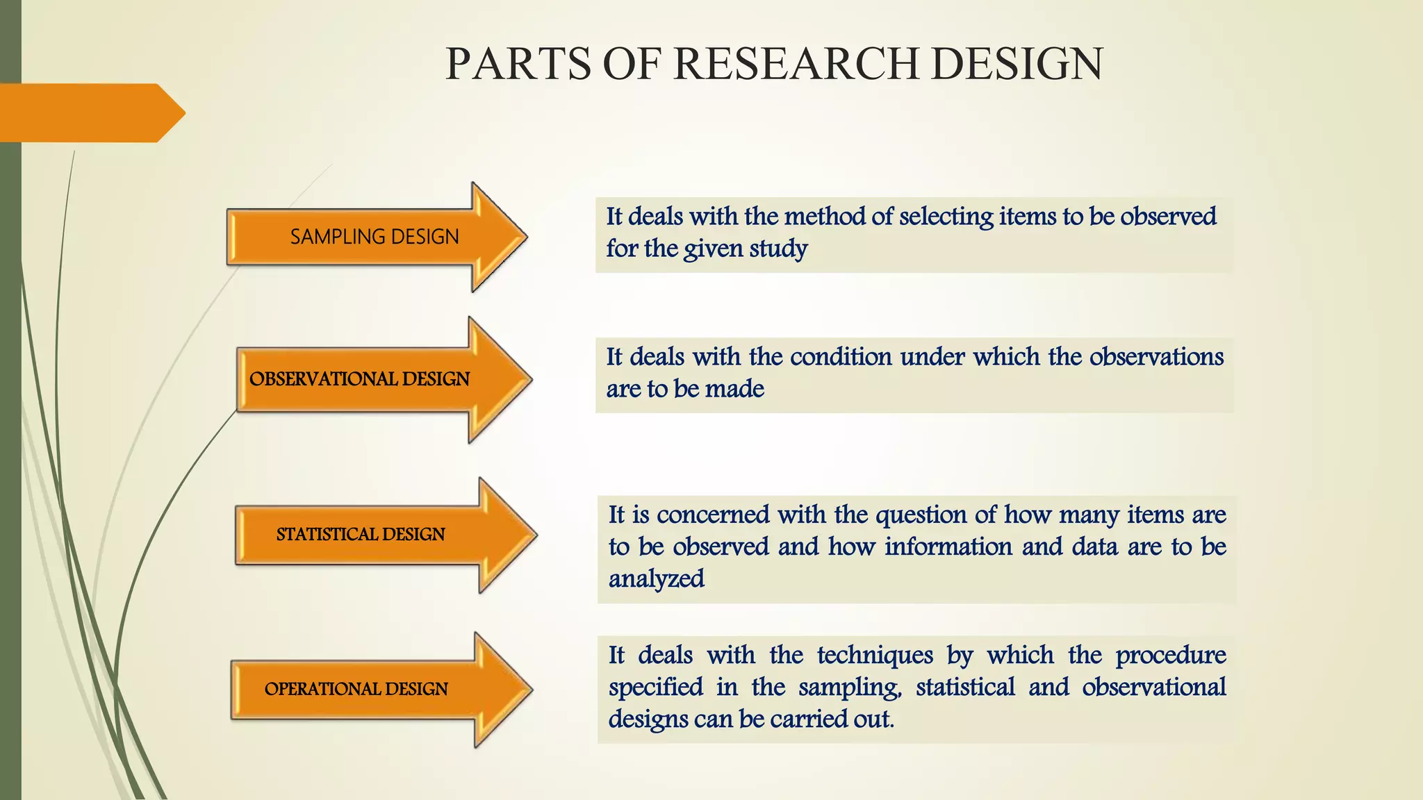 PARTS OF RESEARCH DESIGN
SAMPLING DESIGN
OBSERVATIONAL DESIGN
STATISTICAL DESIGN
OPERATIONAL DESIGN
It deals with the method of selecting items to be observed
for the given study
It deals with the condition under which the observations
are to be made
It is concerned with the question of how many items are
to be observed and how information and data are to be
analyzed
It deals with the techniques by which the procedure
specified in the sampling, statistical and observational
designs can be carried out.
 