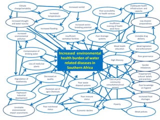 Increased drought
and water scarcity
Poverty
Increased rainfall
Increased flooding
Climate
change/variability
Increased
temperatures
Increased vector-
breeding potential
Insufficient
training of health
work force
Unstable drug
delivery
Economic decline
Increased
environmental
pollution
Poor accessibility
to health services
Inadequate health
infrastructure and
capacity
Insufficient
sanitation facilities
Poor waste
disposal systems
Poor governance
Low disaster
preparedness
Weak health
education
Degradation of
biodiversity
Contamination of
drinking water
Loss of medicinal
plants
Excessive use of
agro-chemicals
Inappropriate
cultural beliefs
and practices
Poor drainage
systems
Weak policies
High illiteracy
Decreased air
quality
Poor nutritional
status
Increased food
shortages
Lack of prior
community
consultations/invol
vement
Poor immune
status
Haphazard
industrial
development
Unreliable
environmental
impact assessments
Gender
imbalances
Poor knowledge
on hygiene
Weak legislation
and enforcement
Increased environmental
health burden of water
related diseases in
Southern Africa
 