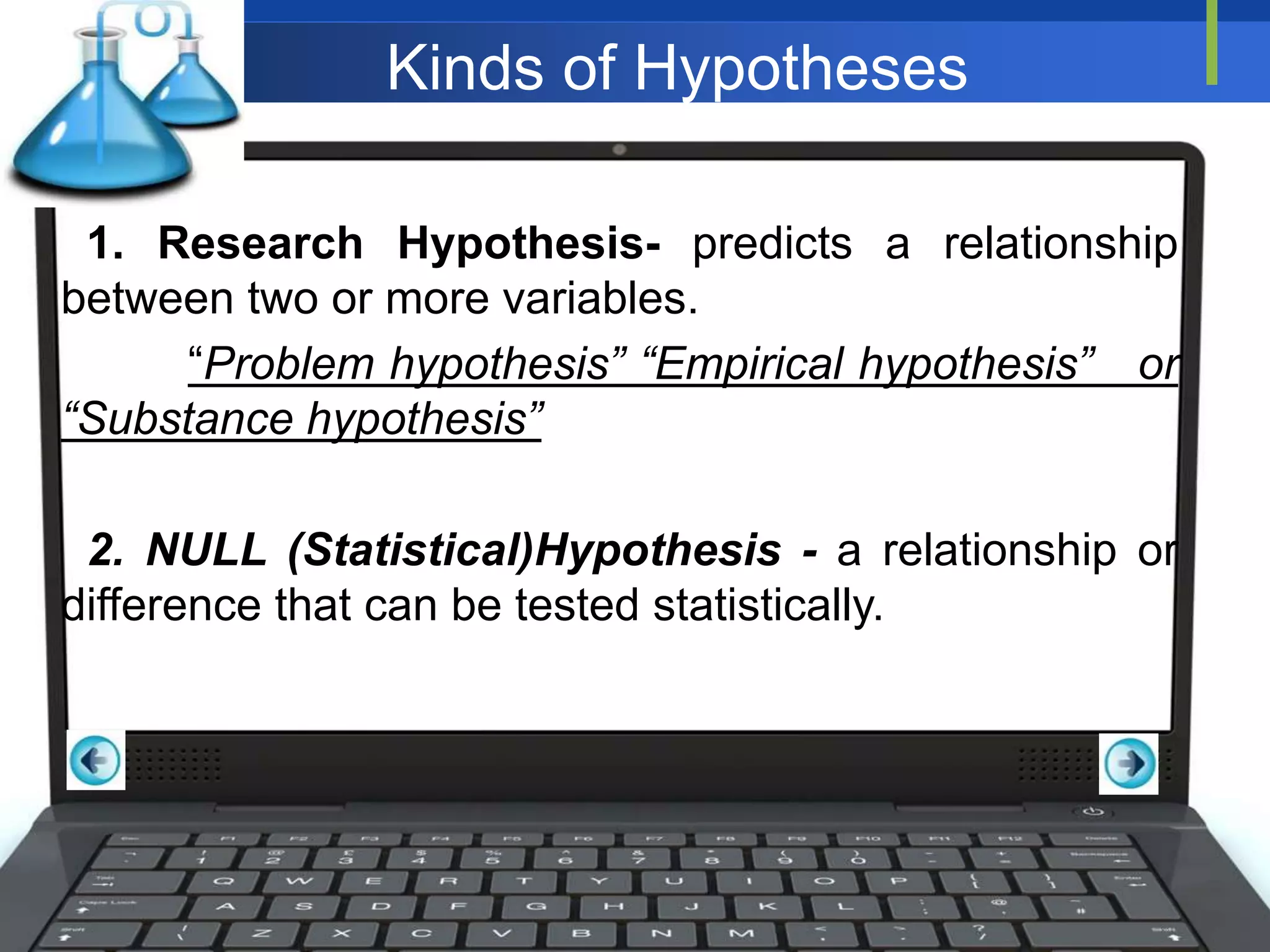 Kinds of Hypotheses
1. Research Hypothesis- predicts a relationship
between two or more variables.
“Problem hypothesis” “Empirical hypothesis” or
“Substance hypothesis”
2. NULL (Statistical)Hypothesis - a relationship or
difference that can be tested statistically.
 