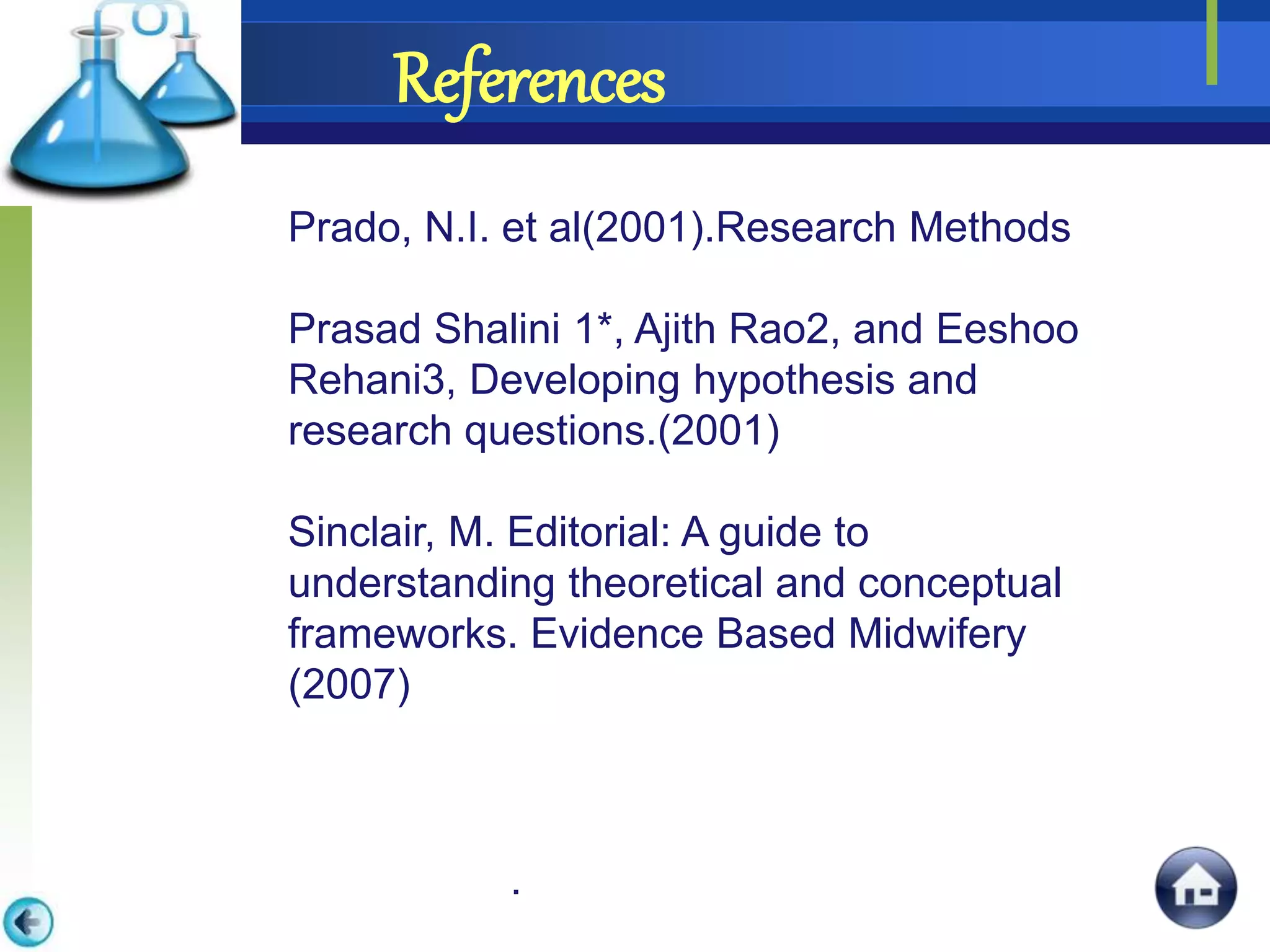 .
References
Prado, N.I. et al(2001).Research Methods
Prasad Shalini 1*, Ajith Rao2, and Eeshoo
Rehani3, Developing hypothesis and
research questions.(2001)
Sinclair, M. Editorial: A guide to
understanding theoretical and conceptual
frameworks. Evidence Based Midwifery
(2007)
 