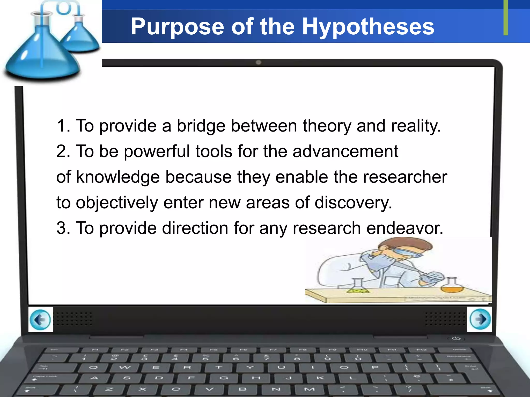 Purpose of the Hypotheses
1. To provide a bridge between theory and reality.
2. To be powerful tools for the advancement
of knowledge because they enable the researcher
to objectively enter new areas of discovery.
3. To provide direction for any research endeavor.
 