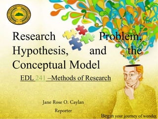 Kinds of hypothesis
.
Research Problem,
Hypothesis, and the
Conceptual Model
Begin your journey of wonder.
EDL 241 –Methods of Research
Jane Rose O. Caylan
Reporter
 