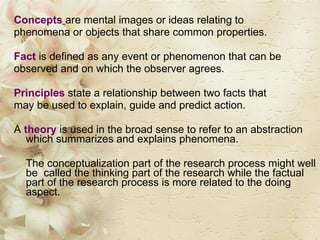Concepts   are mental images or ideas relating to  phenomena or objects that share common properties.  Fact   is defined as any event or phenomenon that can be  observed and on which the observer agrees. Principles   state a relationship between two facts that  may be used to explain, guide and predict action. A   theory   is used in the broad sense to refer to an abstraction  which summarizes and explains phenomena. The conceptualization part of the research process might well be  called the thinking part of the research while the factual part of the research process is more related to the doing aspect. 