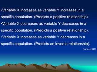 •Variable X increases as variable Y increases in a
specific population. (Predicts a positive relationship).
•Variable X decreases as variable Y decreases in a
specific population. (Predicts a positive relationship).
•Variable X increases as variable Y decreases in a
specific population. (Predicts an inverse relationship).
(yadav, 2010)
 