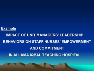 Example
IMPACT OF UNIT MANAGERS’ LEADERSHIP
BEHAVIORS ON STAFF NURSES’ EMPOWERMENT
AND COMMITMENT
IN ALLAMA IQBAL TEACHING HOSPITAL
 