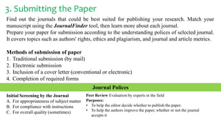 3. Submitting the Paper
Find out the journals that could be best suited for publishing your research. Match your
manuscrip...