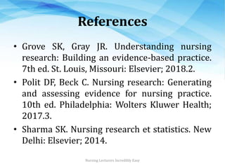 References
• Grove SK, Gray JR. Understanding nursing
research: Building an evidence-based practice.
7th ed. St. Louis, Missouri: Elsevier; 2018.2.
• Polit DF, Beck C. Nursing research: Generating
and assessing evidence for nursing practice.
10th ed. Philadelphia: Wolters Kluwer Health;
2017.3.
• Sharma SK. Nursing research et statistics. New
Delhi: Elsevier; 2014.
Nursing Lecturers Incredibly Easy
 