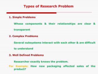 Types of Research Problem
1. Simple Problems
Whose components & their relationships are clear &
transparent
2. Complex Problems
Several subsystems interact with each other & are difficult
to understand
3. Well Defined Problems
Researcher exactly knows the problem.
For Example: How new packaging affected sales of the
product?
 
