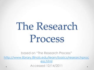 The Research
          Process
          based on “The Research Process”
http://www.library.illinois.edu/learn/basics/researchproc
                           ess.html
                 Accessed 12/14/2011
 