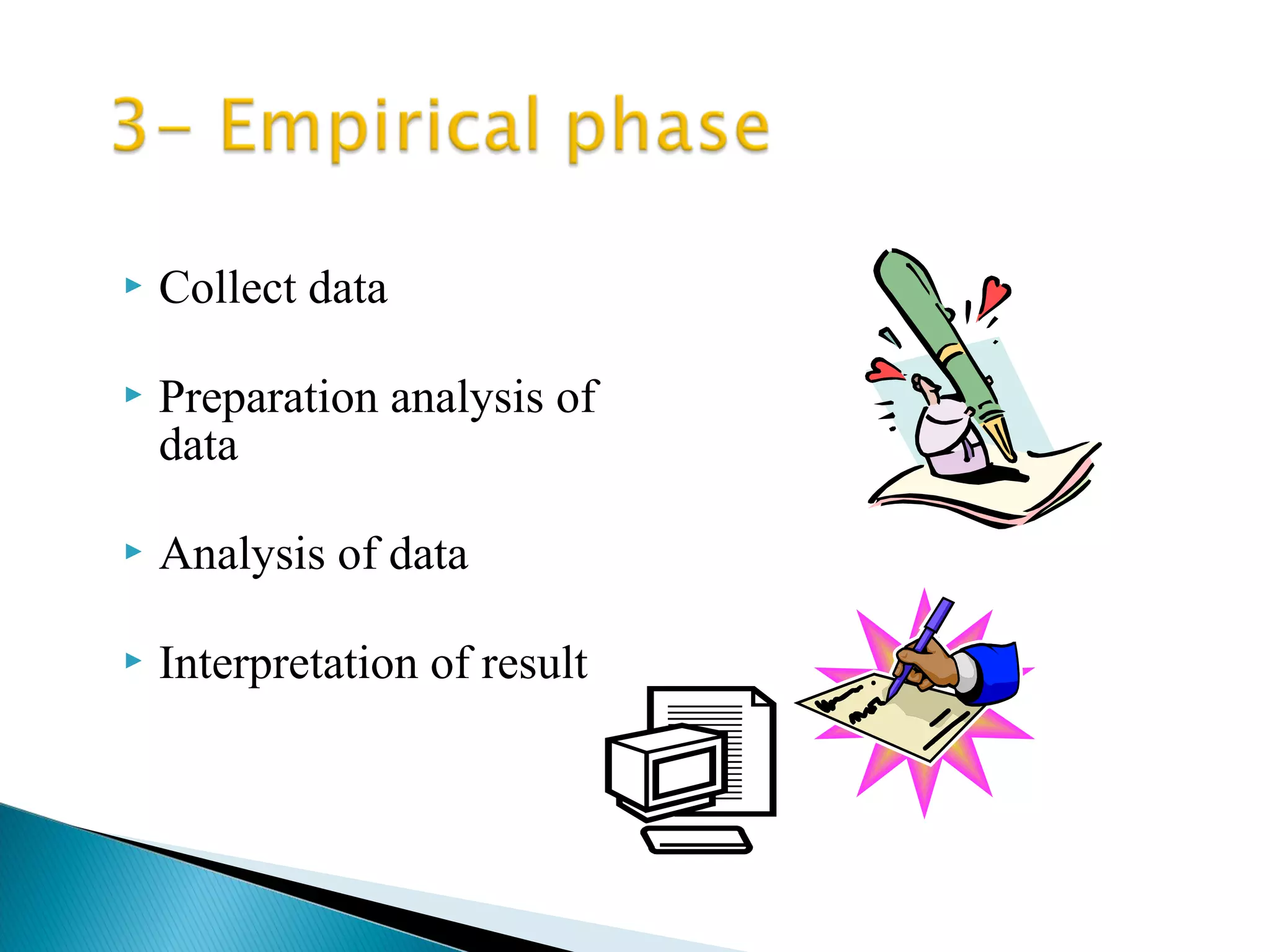  Collect data 
 Preparation analysis of 
data 
 Analysis of data 
 Interpretation of result 
 
