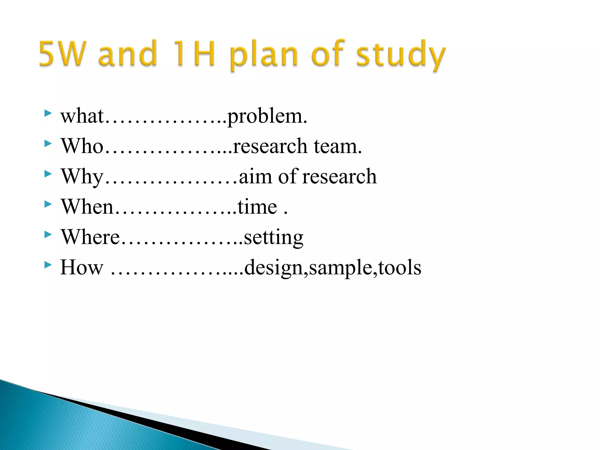  what……………..problem. 
 Who……………...research team. 
 Why………………aim of research 
 When……………..time . 
 Where……………..setting 
 How ……………....design,sample,tools 
 