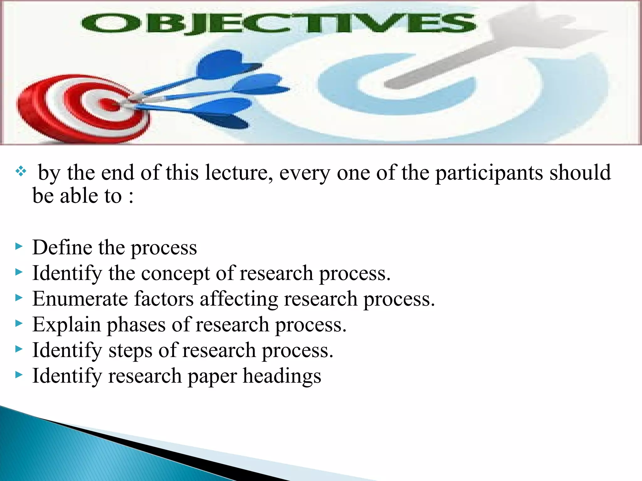  by the end of this lecture, every one of the participants should 
be able to : 
 Define the process 
 Identify the concept of research process. 
 Enumerate factors affecting research process. 
 Explain phases of research process. 
 Identify steps of research process. 
 Identify research paper headings 
 