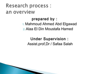 prepared by : 
1. Mahmoud Ahmed Abd Elgawad 
2. Alaa El Din Moustafa Hamed 
Under Supervision : 
Assist.prof,Dr / Safaa Salah 
 