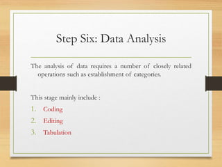 Step Six: Data Analysis
The analysis of data requires a number of closely related
operations such as establishment of categories.
This stage mainly include :
1. Coding
2. Editing
3. Tabulation
 