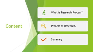 Content
What is Research Process?
Process of Research.
Summary
 