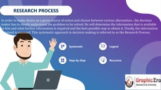 HELLO!
In order to make choice on a given course of action and choose between various alternatives , the decision
maker has to clearly understand the problem to be solved. He will determine the information that is available
to him and what further information is required and the best possible way to obtain it. Finally, the information
obtained is assessed. This systematic approach to decision making is referred to as the Research Process.
Many
Systematic
Step-by-Step
Logical
RESEARCH PROCESS
Recursive
 