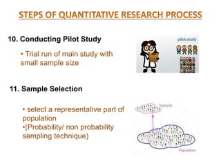 10. Conducting Pilot Study
• Trial run of main study with
small sample size
11. Sample Selection
• select a representative part of
population
•(Probability/ non probability
sampling technique)
 