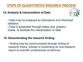 14. Analysis & Interpretation of Data
• Data may be analyzed by descriptive and inferential
statistics
• Data is presented through tables and graphs /
charts to facilitate the interpretation of data
15. Disseminating the research finding
• finding may be communicated through writing of
research thesis, articles or presenting an oral research
report at scientific professional conference
 