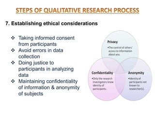 7. Establishing ethical considerations
 Taking informed consent
from participants
 Avoid errors in data
collection
 Doing justice to
participants in analyzing
data
 Maintaining confidentiality
of information & anonymity
of subjects
 