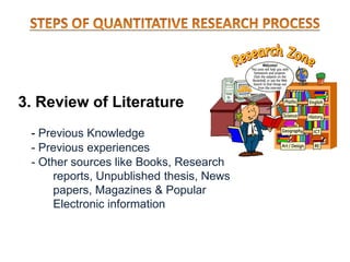 3. Review of Literature
- Previous Knowledge
- Previous experiences
- Other sources like Books, Research
reports, Unpublished thesis, News
papers, Magazines & Popular
Electronic information
 