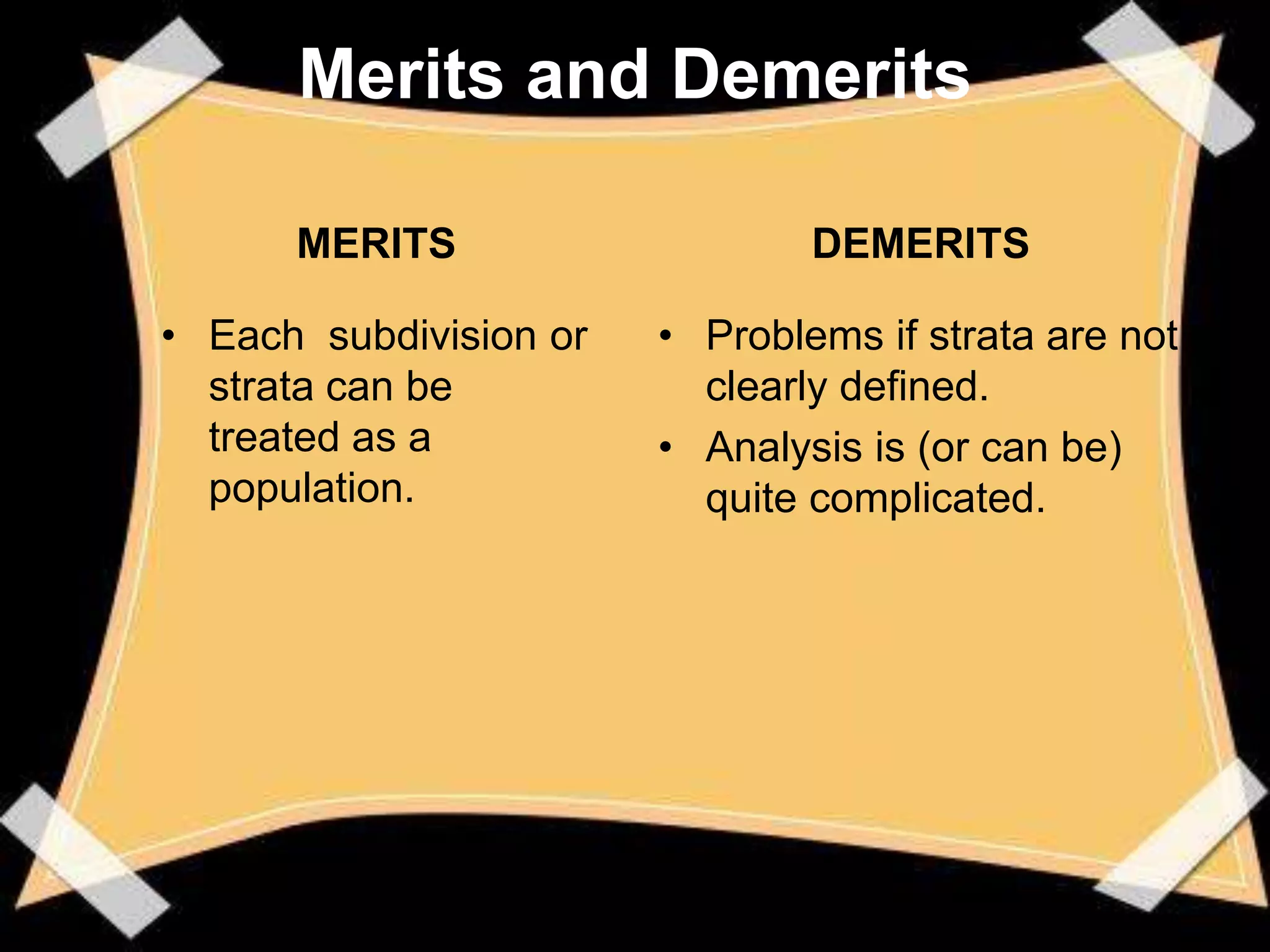 Merits and Demerits

      MERITS                    DEMERITS

• Each subdivision or   • Problems if strata are not
  strata can be           clearly defined.
  treated as a          • Analysis is (or can be)
  population.             quite complicated.
 