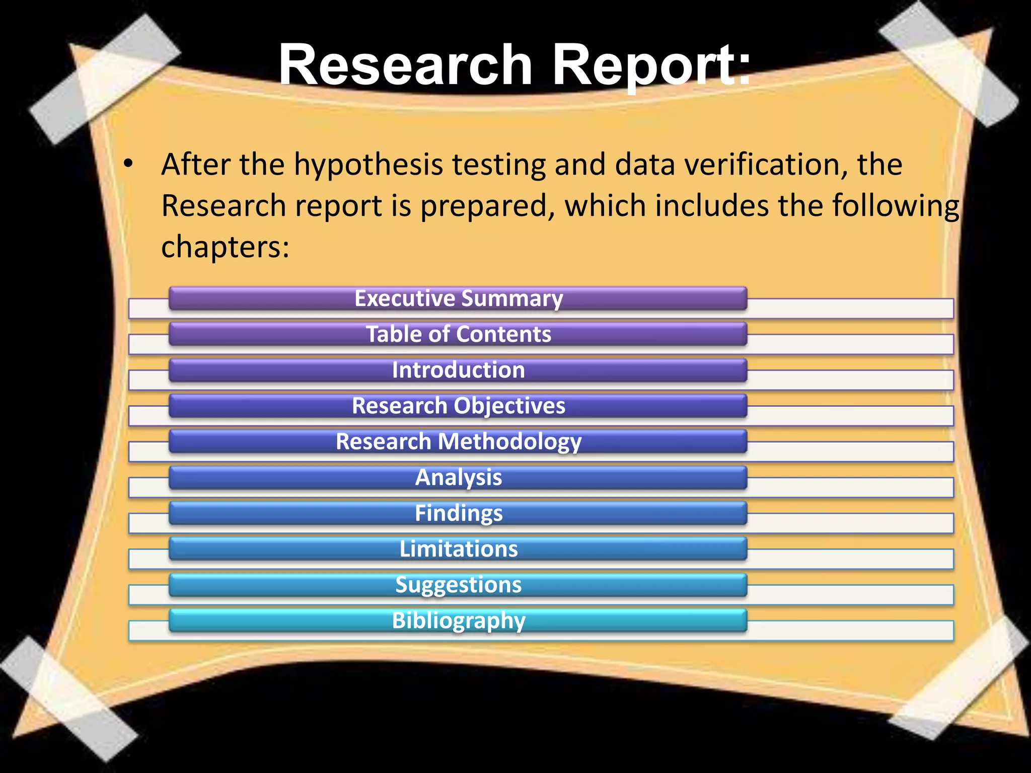 Research Report:
• After the hypothesis testing and data verification, the
  Research report is prepared, which includes the following
  chapters:
                Executive Summary
                 Table of Contents
                   Introduction
                Research Objectives
               Research Methodology
                      Analysis
                      Findings
                    Limitations
                    Suggestions
                   Bibliography
 