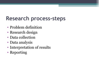 Research process-steps Problem definition Research design Data collection Data analysis Interpretation of results Reporting 