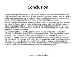 Conclusion
To investigate whether there is a relationship between optimum levels of vigour and
16-25 year old female footballers passing success rate at participation level. Looking at
my literacy review aided me to make my hypotheses because the previous research
found many links between level of vigour and enhanced performance.
My first hypotheses has been supported by my results as you can see a clear positive
correlation between level of vigour and passing success rate. Having higher levels of
vigour enables participants to put maximum effort and concentration into the task
making them more likely to succeed therefore it makes sense that this hypotheses is
supported through my findings.
My second hypotheses is not supported by my results as I found no correlation
between the number of passes made and level of vigour. There maybe other factors
that affect the number of passes made; these factors can be internal such as
motivation, fatigue and other moods or could be related to external factors such as
the game itself. For example when playing a game against a tough opposition strikers
will have fewer opportunities to pass the ball and when playing an easy opponent
defenders may suffer the same problem. These factors may be a key reason as to why I
found no correlation between level of vigour and number of passes.
P2: Carry out / P4: Produce
 