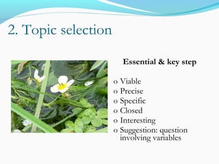 2. Topic selection
Essential & key step
o Viable
o Precise
o Specific
o Closed
o Interesting
o Suggestion: question
involving variables