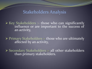Stakeholders Analysis
 Key Stakeholders :- those who can significantly
influence or are important to the success of
an activity,
 Primary Stakeholders :- those who are ultimately
affected by an activity,
 Secondary Stakeholders :- all other stakeholders
than primary stakeholders.
 