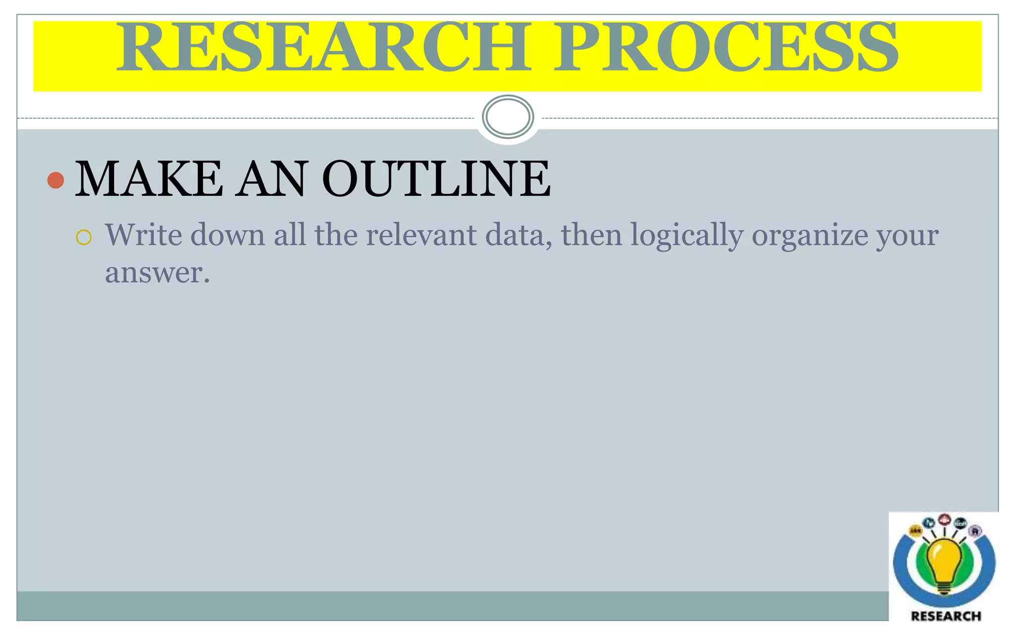 RESEARCH PROCESS
 MAKE AN OUTLINE
 Write down all the relevant data, then logically organize your
answer.
 
