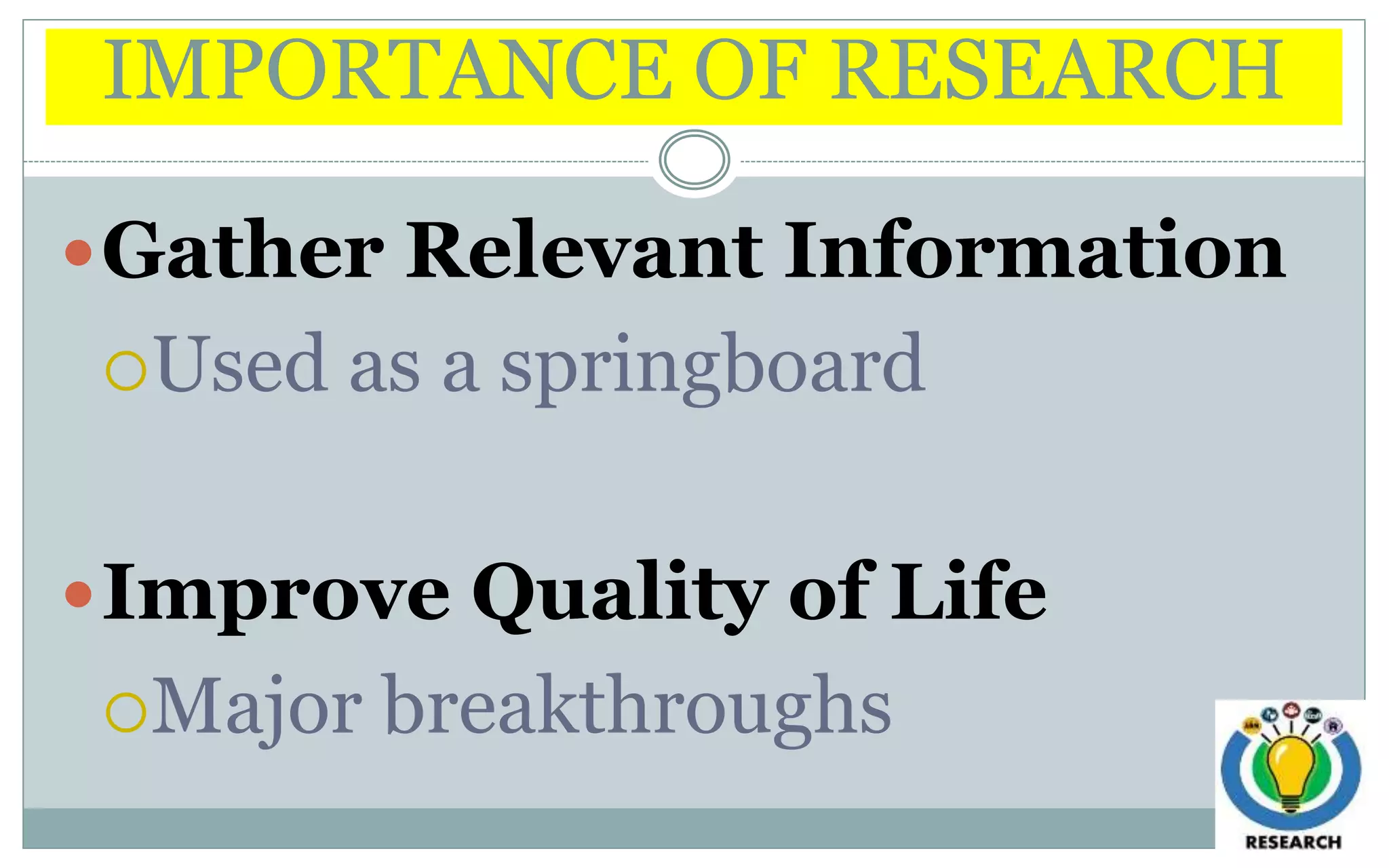 IMPORTANCE OF RESEARCH
Gather Relevant Information
Used as a springboard
Improve Quality of Life
Major breakthroughs
 